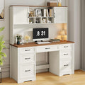 Farmhouse Executive Desk with 7 Drawers and Storage Cabinet Rustic Large Home Writing Desk with Hutch Workstation for Bedroom White