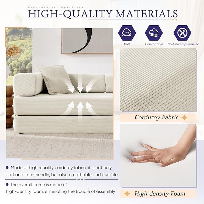 Convertible Folding Sofa Bed Corduroy Sleeper Mattress Couch with Fixed-Shape Frame Free Combination Loveseat Lounge Floor Sofa Queen Size Memory Foam Couch for Living Room Bedroom Beige