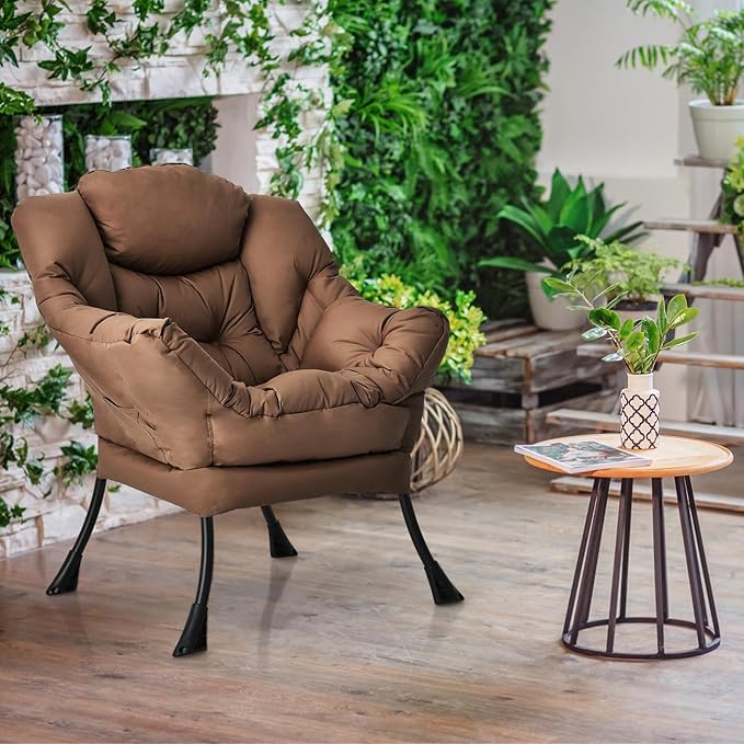Giantex Modern Lazy Chair Accent Contemporary Lounge Chair Polyester Fabric w/Steel Frame Upholstered Single Sofa Chair w/Armrests &amp Side Pocket Leisure Sofa Chair (Brown)