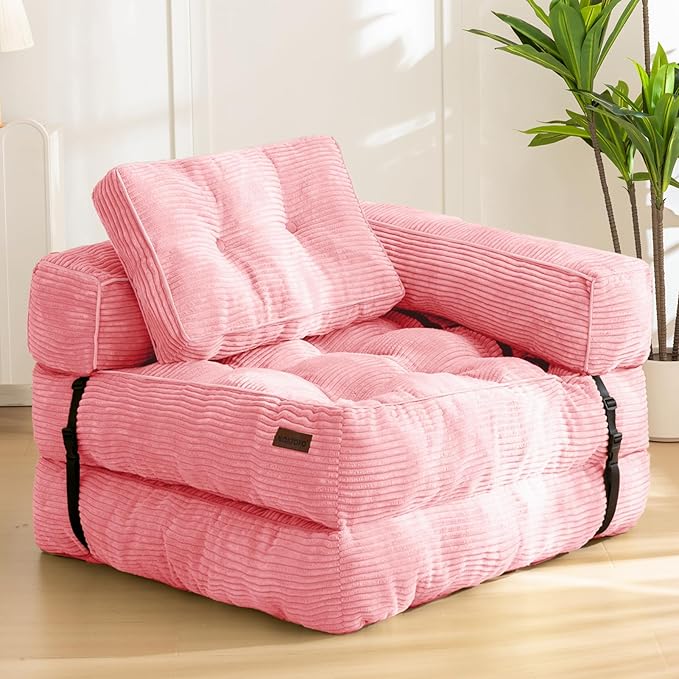 MAXYOYO Folding Sofa Bed L-Shaped Convertible Sofa with Armrest Foldable Sleeper with Pillow Portable Fold Out Chair Bed Comfy Floor Lounge for Living Room Bedroom Pink