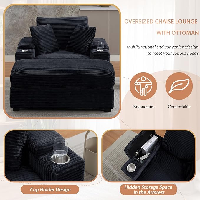 50 Oversized Chaise Lounge Chair Indoor with Ottoman and Storage Deep Seat Upholstered reading Chair Comfy Corduroy Sleeper Chair with Cup Holder Reclining Chair for Living Room Bedroom Black