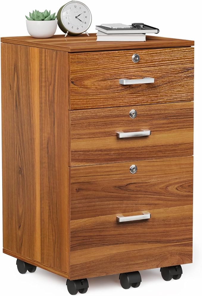 VINGLI 3-Drawer File Cabinet with Lock Wood Rolling Filing Cabinets for Home Office Mobile Printer Stand Under Desk File Organizer for Letter Sized Files 26 H(Caster Included) Walnut