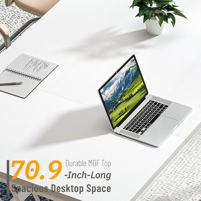 FOLUBAN 70.9 Modern Computer Desk with Z-Shaped Legs Industrial Executive Home Office Desk for 2 Person Large Writing Study Table for Bedroom Gaming Workstation White