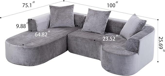 100” Curved Sectional Sofa Oversized Curved Couch for Living Room Corduroy Fabric Foam Couches Modern L Shaped Couch with Pillows No Assembly Grey
