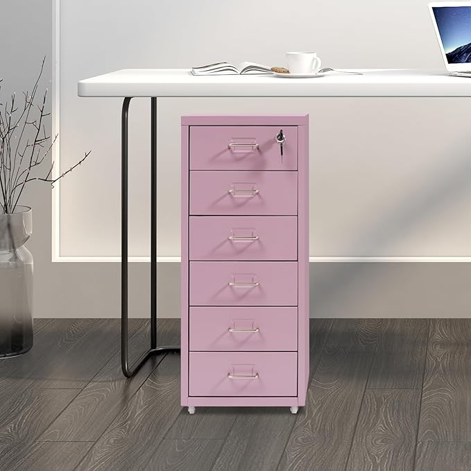 Office File Cabinet w/4 Wheels 6 Drawer Metal Small Vertical File Cabinets w/2 Lock Smooth Edges Mobile Storage Cabinet File Organizer for Home Office Living Room 11 * 16 * 27in (Purple)