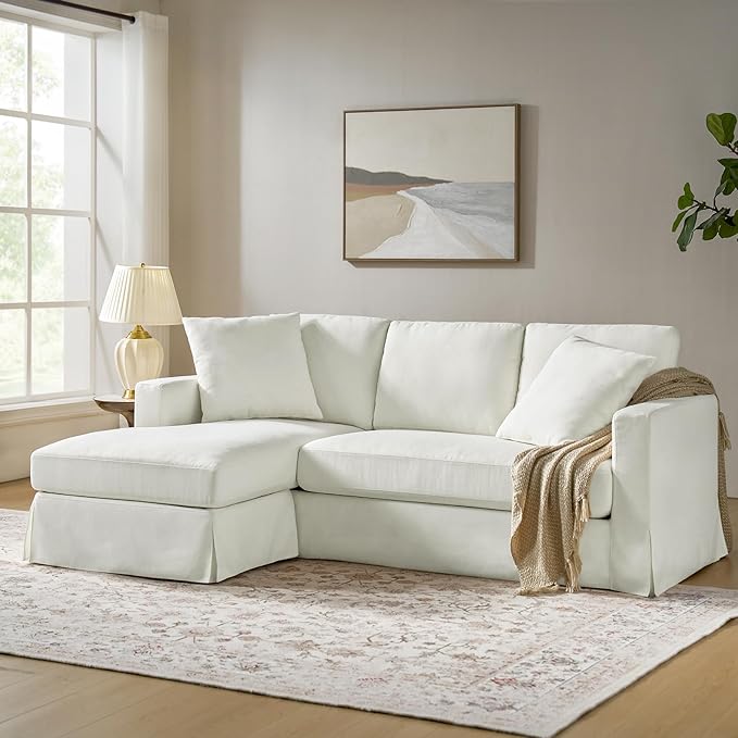 HULALA HOME 85 Slipcovered Sofa with Removable &amp Washable Cover 3-Seater Farmhouse Chaise Sofa with Down-Filled Cushions Comfy Upholstered Couch for Living Room Bedroom White