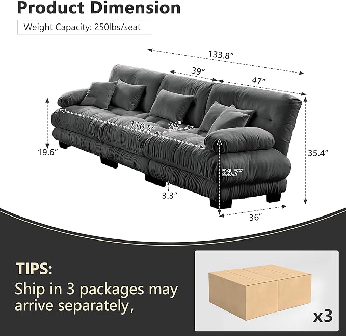 Modular Sectional Sofa 133.8 Comfy Chenille Cloud Couch 3 Seater Sectional Home Sofa Living Room Modern Deep Seat Oversized Couch with Square Armrests and 5 Pillows Grey