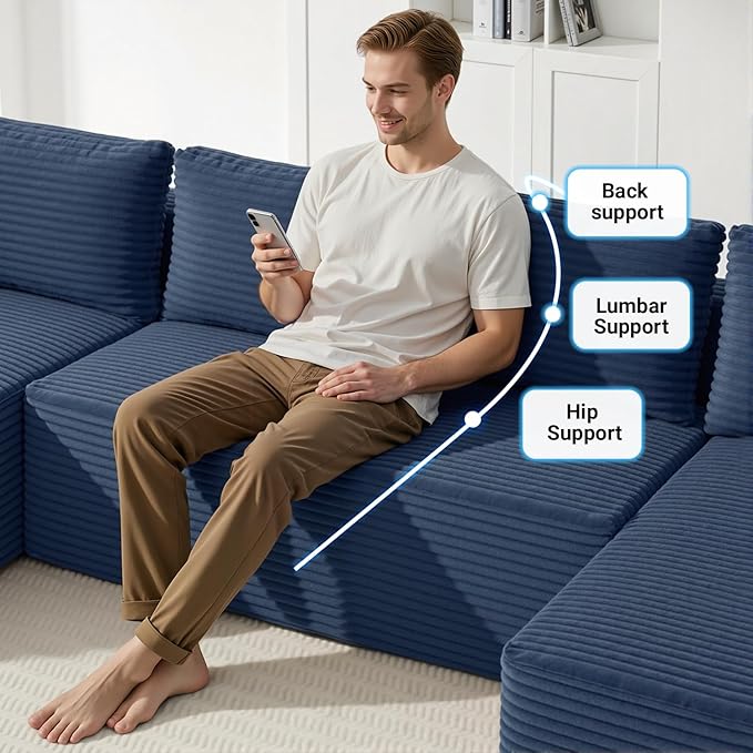 132 Cloud Couch Sectional Modular Sofa with Cup Holder and Deep Seat Corduroy U Shaped Boneless Sofas Couch in a Box No Assembly Required Blue Couches for Living Room