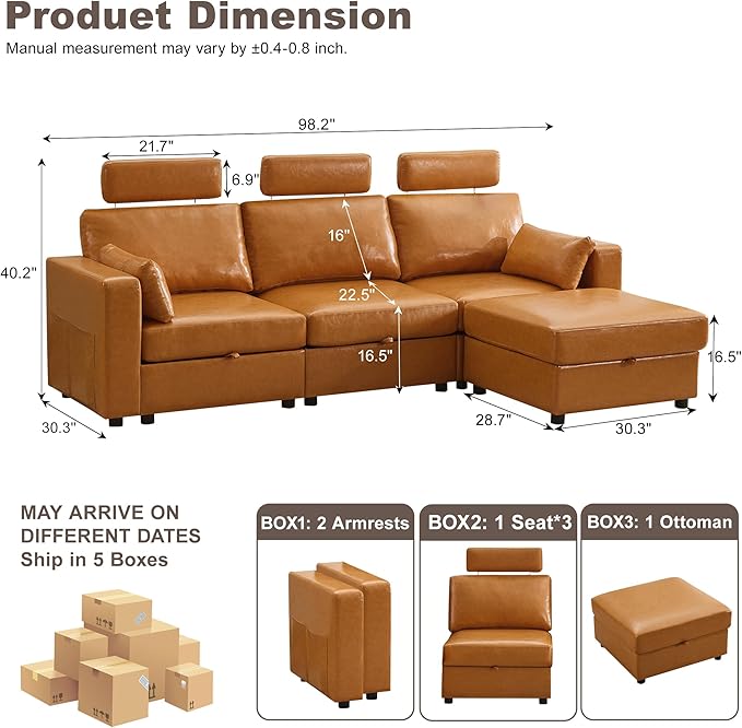 98.2 Modular Sectional Storage Couch Oversized Faux Leather L Shaped Couch Modern Cloud Upholstered Sofa with Headrest &amp Side Pocket Sectional Sofa for Living Room Apartment Small Spaces Brow