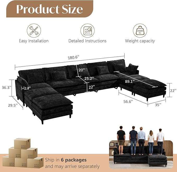 SAMERY 180.6 U Shaped Couch Cloud Sofa Modular Sectional Couch with 4 Large Ottomans 5 Seater Chenille Oversized Deep Seat Sectional Sofa with Pillows for Living Room Bedroom Apartment