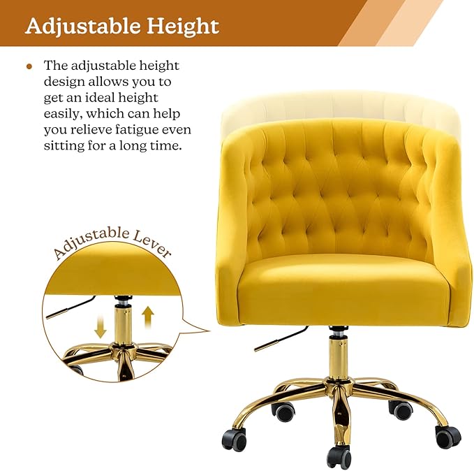 Velvet Home Office Chair with Gold Base Comfortable Modern Cute Desk Chair Adjustable Swivel Task Chair for Living Room Bedroom Vanity Study Yellow