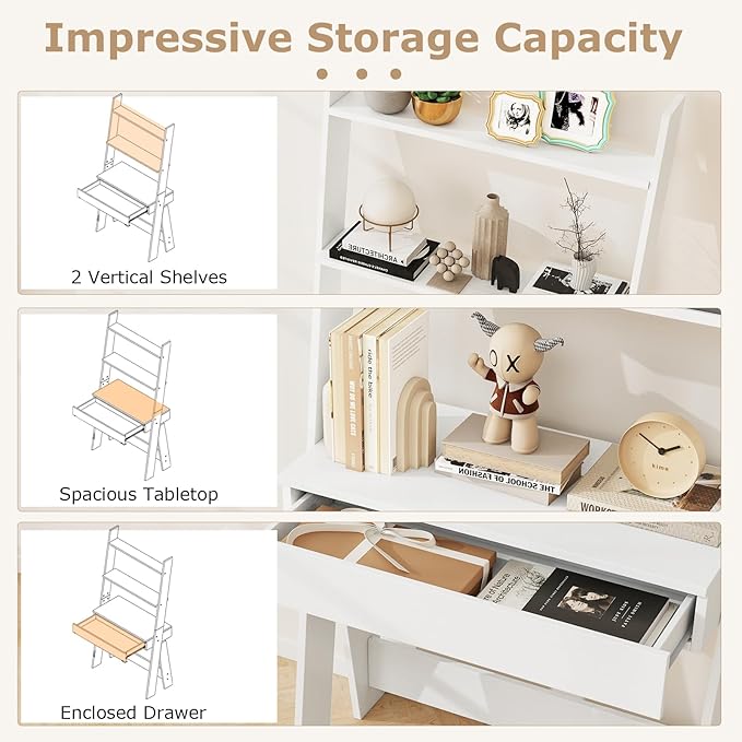 Giantex 3 Tier Ladder Desk with Drawer 33’’ Width Ladder Shelf with Anti-Tipping Device Freestanding Bookshelf Leaning Computer Desk with Shelves for Small Space (White)