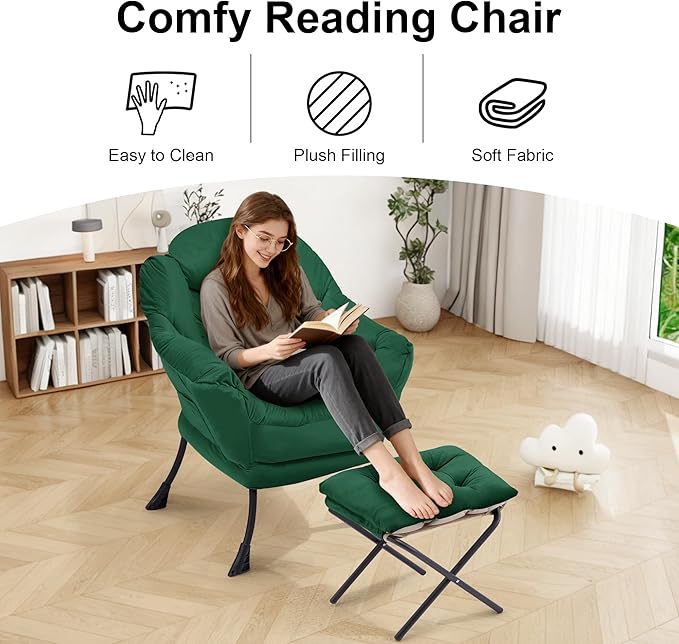 Lazy Chair with OttomanOversized Accent Chair with Thick Cushion Side PocketModern Lounge Arm Reading Chair and Folding Footrest for Living RoomBedroomOfficeDormApartment Green