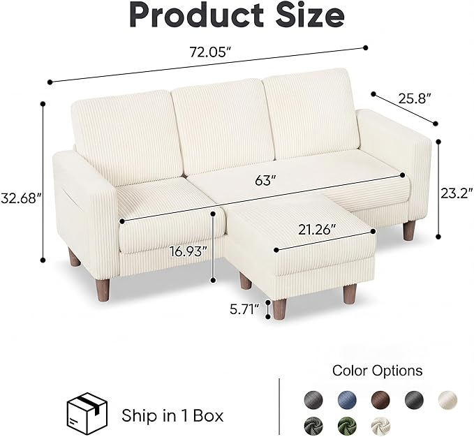 Homall 3 Seat Couch L Shape Sofa with Side Storage Pockage Sectional Couches with Reversible Ottoma Upholstered Sofa for Living Room and Small Spaces (Corduroy White)