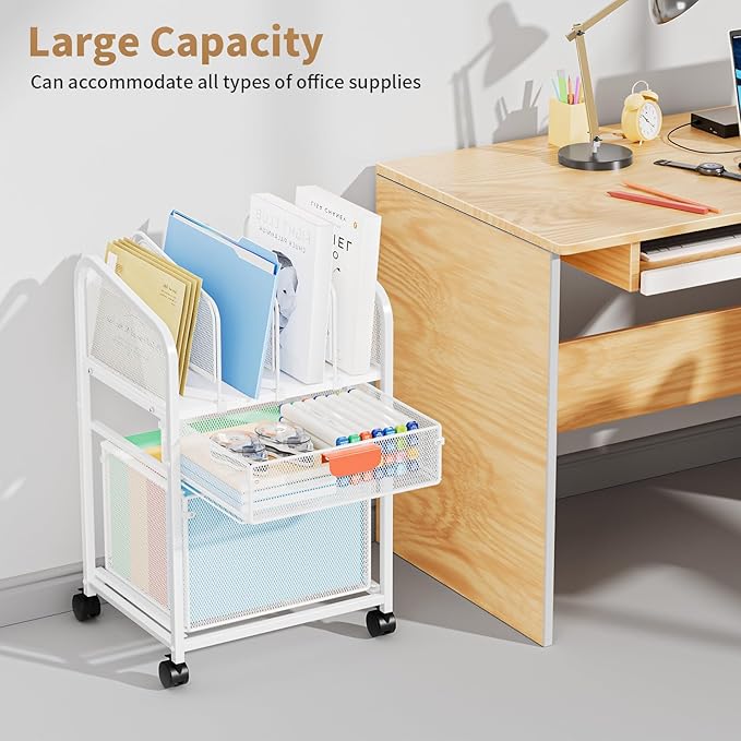 Marbrasse Rolling File Cart with Adjustable Dividers Mobile File Cabinet on Lockable Wheels Office Filing Cabinet Organizer Hanging File Folder Organizer for Home Office - White