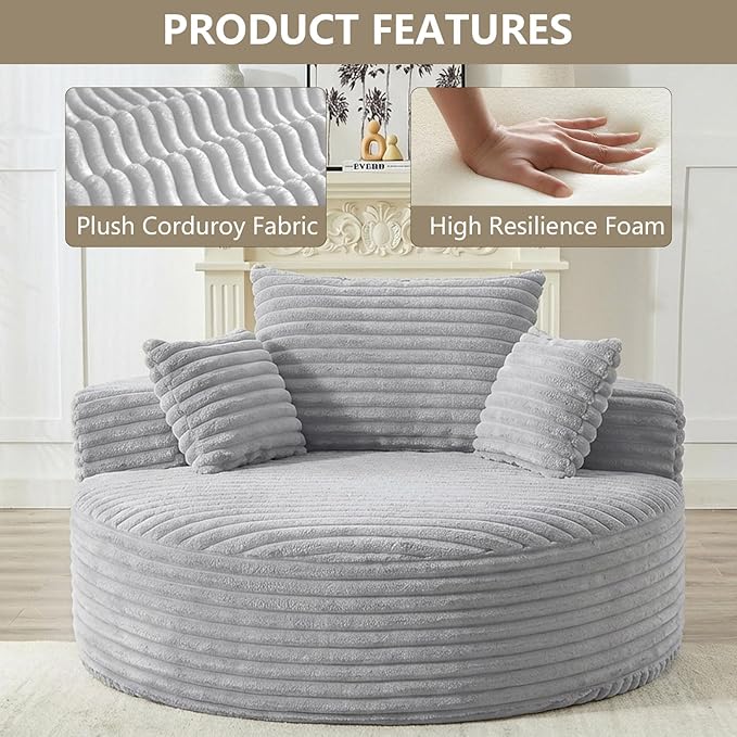 55 L Corduroy Sponge Single Sofa Oversized Round Chair Fluffy Modern Sleeper Chairs for Living Room Lounge and Projection Room Wide Armrest Lounge Chairs Armchair with Pillow Light Grey
