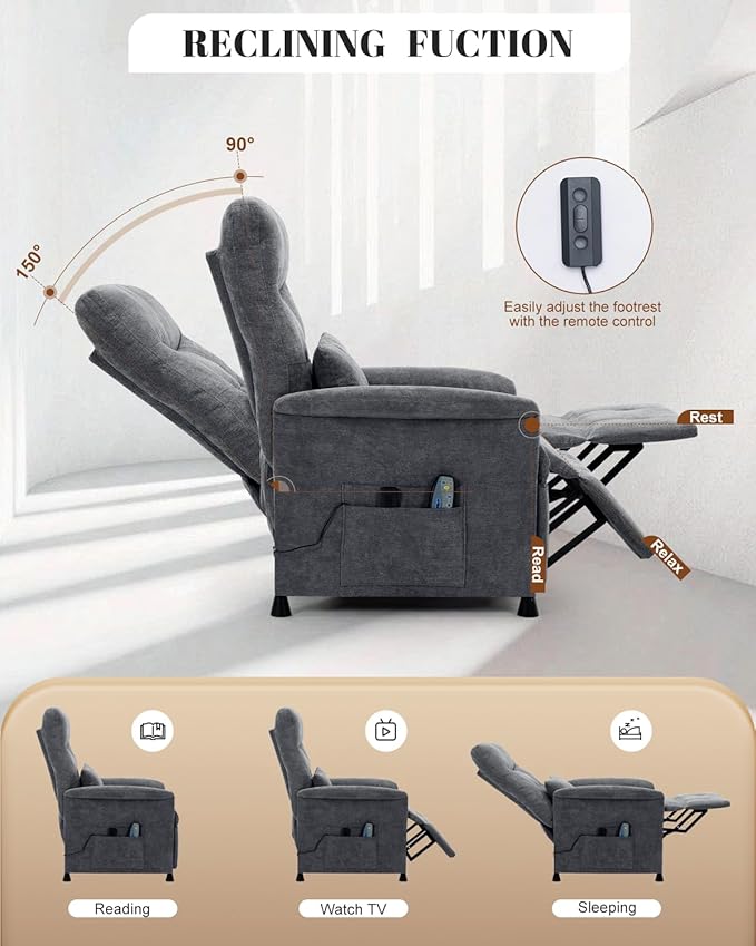 Power Recliner Chair for Adults - Electric Reclining Sofa with Side Pocket &amp Remote Adjustable Recliner for Living Room or Home Theater Seating