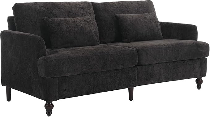 Mid Century Modern Chenille Loveseat Sofa 2-Seat Upholstered Cozy Loveseat Sofa with Pillows for Living Room Comfy Side Reading Lounge Couch for Bedroom Club Office Apartment Black