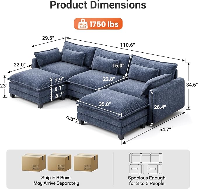 Pipishell 110.6 U-Shaped Modular Sectional Sofa 5-Seat Modern Chenille Deep Seat Comfy Cloud Couch with 2 Movable Ottoman &amp Throw Pillows for Living Room Bedroom and Apartment Blue