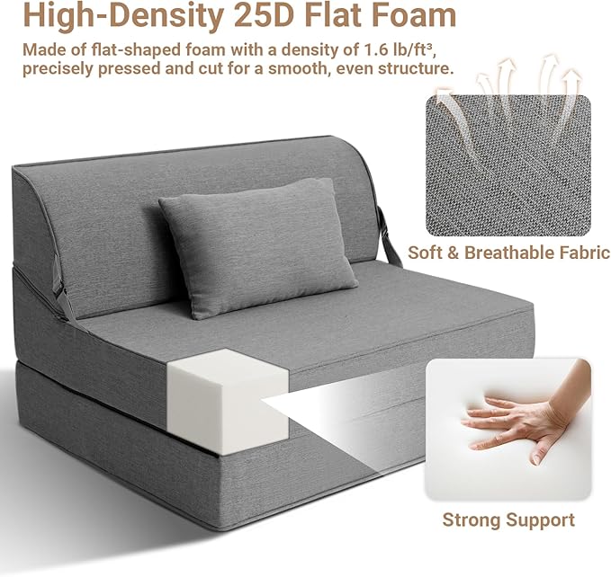 BeBen Folding Sofa Bed Chair Convertible Sleeper Chair Futon Couch Foldable Boneless Floor Lounger Sofa Twin Foam Chair Bed for Small Spaces Dorm Guest Room Living Room Apartment Grey