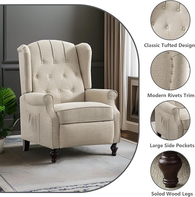 MANBUR Wingback Pushback Recliner Chair Upholstered Tufted Recliner with Massage and Heat Tufted Armchair Single Sofa Reclining Sofa for Living Room Bedroom or Club (Beige)
