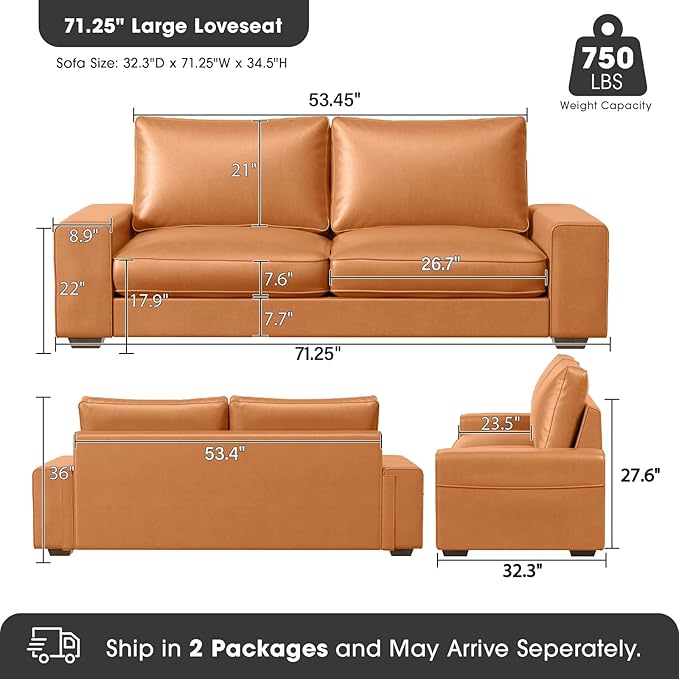Faux Leather Couch Mid Century Modern Comfy Loveseat Sofa with Wide Arm Side Pockets Solid Wooden Frame for Office Living Room and Bedroom 2 Seater (Brown 71.25 Inches)
