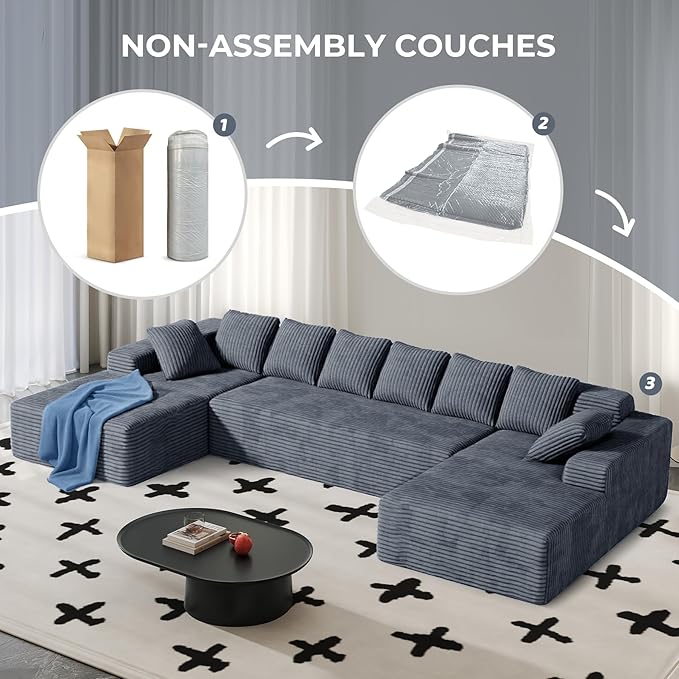131'' Modular Sectional Cloud Sofa U-Shaped Boneless Couches with Chaise Lounge Deep Seat with 8 pcs Pillows Fluffy Memory Foam(No Assembly Required)