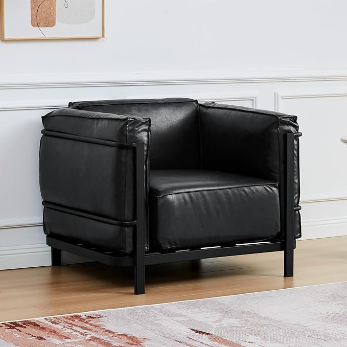 2 Piece Living Room Sofa set Mid-Century Modern Upholstered Couch Chair Faux Leather Sofa Couch with Iron Frame and Upholstered Armrest Backrest Cushion for Living Room Office Apartment (Black)