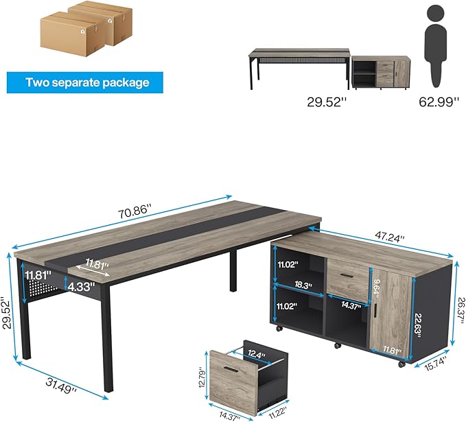 Tribesigns 71 inch Executive Desk L-Shaped Desk with Mobile File Cabinet Executive Office Table with 2 Drawers and Storage Shelves Business Furniture Workstation for Home Office Grey and Black