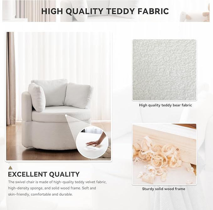 FOXHUNTER Swivel Barrel Chair 360 Degree Swivel Round Storage Chair with 3 Pillows Oversize Teddy Swivel Accent Chair Comfy Single Sofa Chair for Nursery Living Room Bedroom (Ivory)