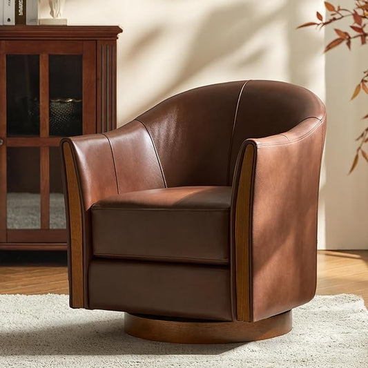 Classic Genuine Leather Swivel Barrel Chair with Solid Wood Base Comfortable Design for Living Room &amp Lounge Brown