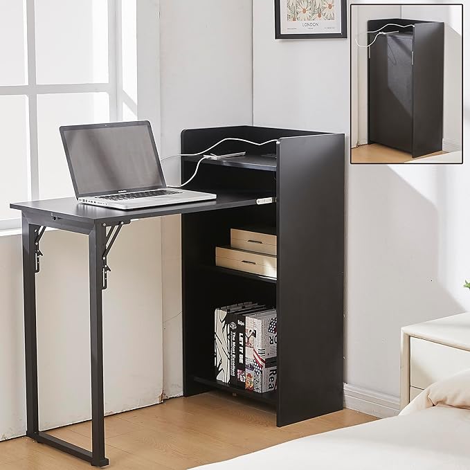 Fold Out Desk with Storage and Built-in Outlet Mid Century Foldable Desk for Small Spaces Hidden Folding Table for Home Office or Bedroom (Black)