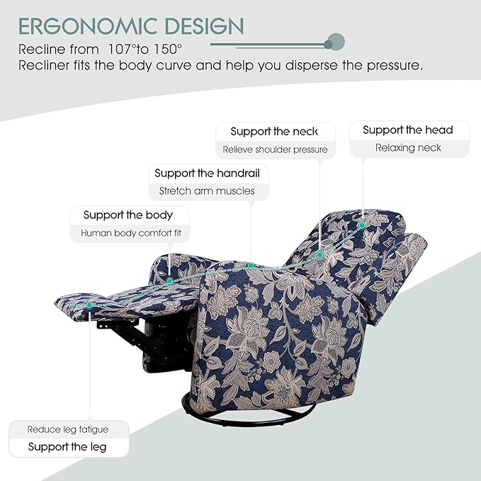 HULALA Home Recliner Chair Modern Printed Fabric for Living Room Wingback Rocker Recliner Sofa Comfy Armchair 360 Degree Swivel Nursery Rocking Chairs with Adjustable Backrest &amp Footrest/Navy