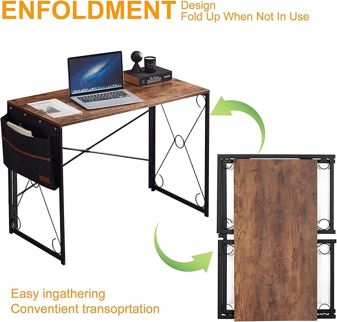 VECELO 39 Inch Folding Desk Simple Assembly Writing Computer Desk for Home Office Study Office Foldable Table for Small SpacesClassic Brown2 Set