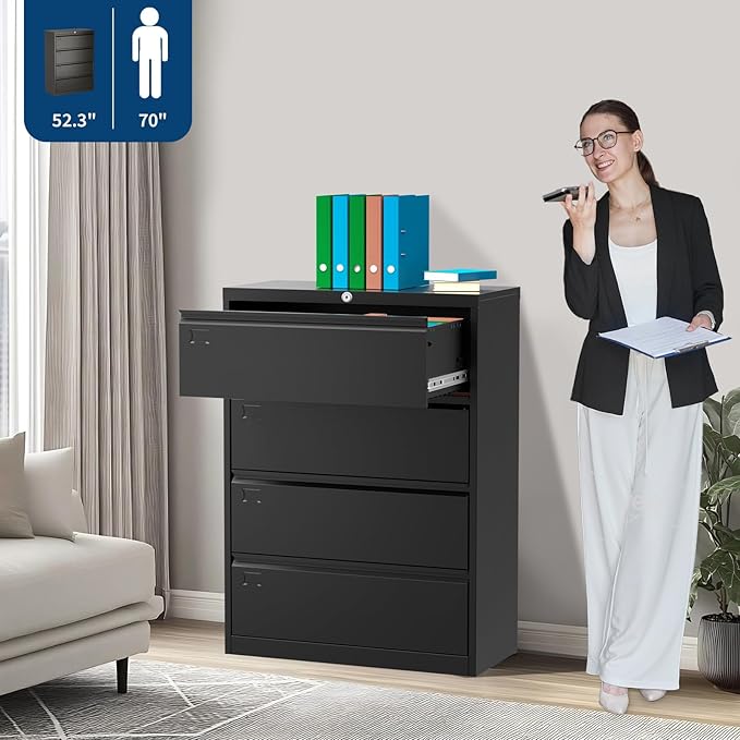 4-Drawer Lateral File Cabinet with Lock Heavy Duty Metal Filing Cabinet for Letter/Legal/A4 Documents Space-Saving Office Storage Organizer for Home Office Easy Assembly Black