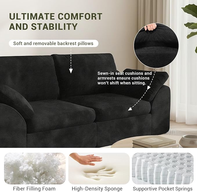 78.8 Cloud Sectional Couch Comfy 2 Seater Boneless Couch No Assembly Required Couches for Living Room Deep Seat Modular Sectional Sofa (Plush Black)