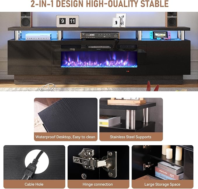 MXV 70 Fireplace TV Stand Modern Entertainment Center &amp 36 Inch Electric Fireplace with Remote Control LED Light Fire Place Tv Stand for Living Room for TVs up to 80 Black + Black
