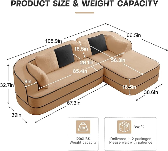 105.9 L-Shaped Boneless Sofa Right Chaise Plush Teddy Fabric 3-Seater Sectional Couches with 32D High-Resilience Foam Wide Arms for Living Room ApartmentCamel