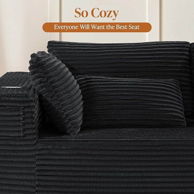 108 Cloud Modular Sectional Couch Modern Boneless Couches with Deep Seat U Shaped Sofa for Living Room No Assembly Required Plush Corduroy (Black 2 Seater+Left Facing Chaise+Ottoman)