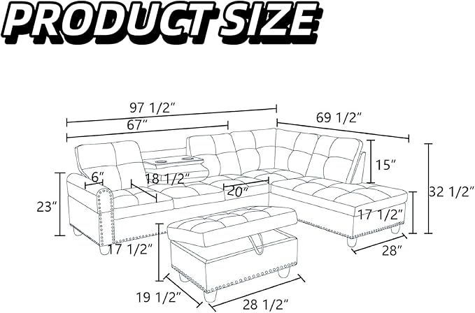 L-Shaped Sectional Sofa with Movable Chaise &amp Storage Ottoman Lounge 3-Piece Modular Convertible Couches for Living Room Apartment &amp Office Black Grey