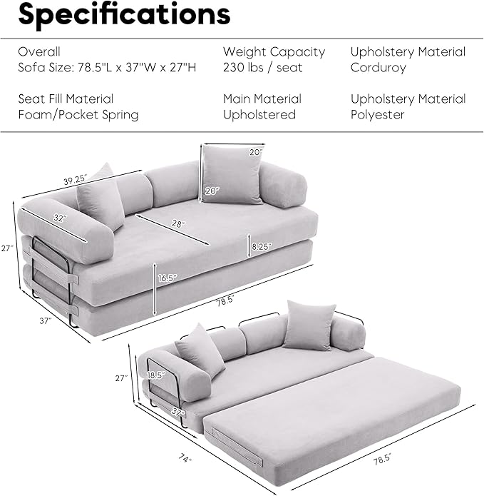 Convertible Sleeper Sofa Bed with Fixed-Shape Frame Floor Sofa Lounge Couch with Cylindrical Pillow Corduroy Folding Mattress Couch for Living Room Bedroom Light Grey