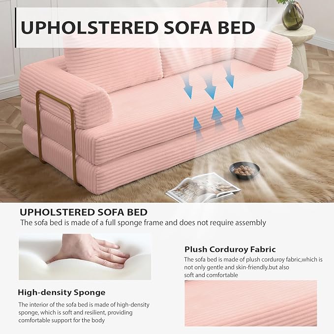 Convertible Folding Sofa Bed Modern Futon Sleeper Sofa Fold Out Couch Bed with Gold Fixed Frame Modular Floor Sofas Comfy Corduroy Boneless Couches for Living Room (80 Pink)