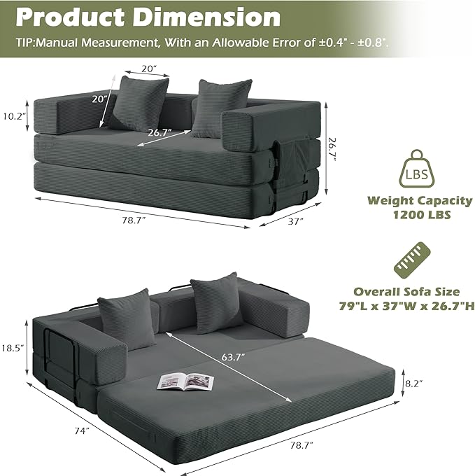 4 in 1 Convertible Sleeper Sofa Bed 78’’ Compression Folding Sofa Bed with Pillows &amp Side Pockets Fold Out Floor Couch Boneless Couch for Living Room BedroomGrey