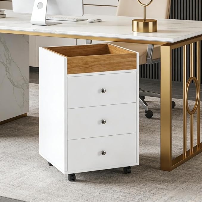 Mobile File Cabinet Office Cabinets with 4 Smooth Wheels for Home Office Rolling Filing Storage Cabinet Compact Printer Stands with 3 Drawers &amp Natural Wood Storage Box on The Top for Letter/A4 S