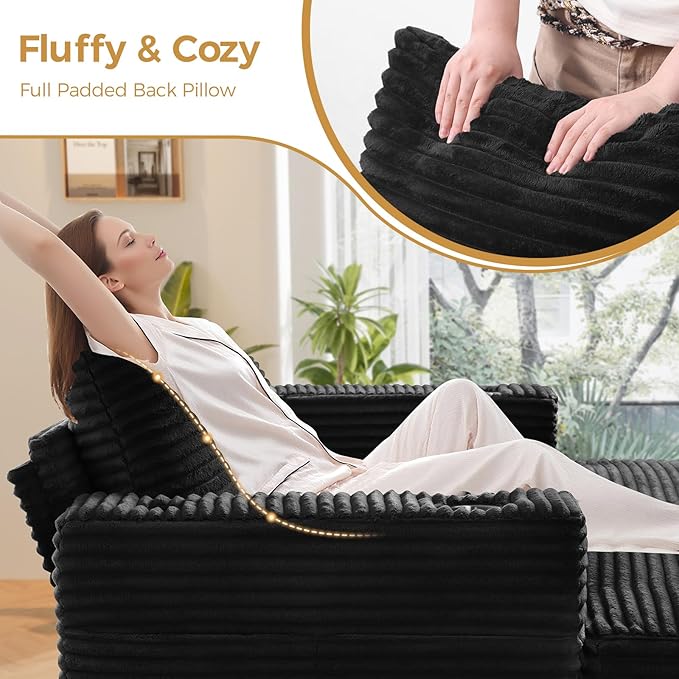 60 Chaise Lounge Indoor Upgraded Oversized Plush Faux Fur Sleeper Sofa Bed w/Pillows &amp Wide Armrests Fluffy Upholstered Reading Chairs Cloud Sofa Couches for Living Room Set of 2Black