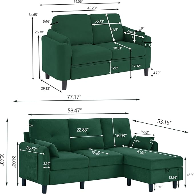 2 Piece Sofa Set Modern 3 Seater Sofa and Loveseat Sets Convertible Sectional Couch with Reversible Chaise L Shaped Couch Sets for Living Room ApartmentGreen