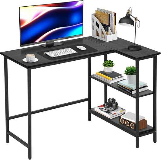 BLKMTY L-Shaped Computer Desk With Storage Shelves 39 Home Office Corner Desk for Small Spaces Reversible Study Writing Table Workstation Black