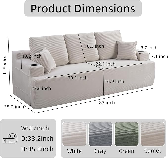 87 Modern 3-Seater loveseat Sofa Comfy Deep Seat Boneless Couch with Plush Corduroy Fabric Built-in Cup Holders &amp Side Storage Pockets for Living Room Bedroom and Apartment