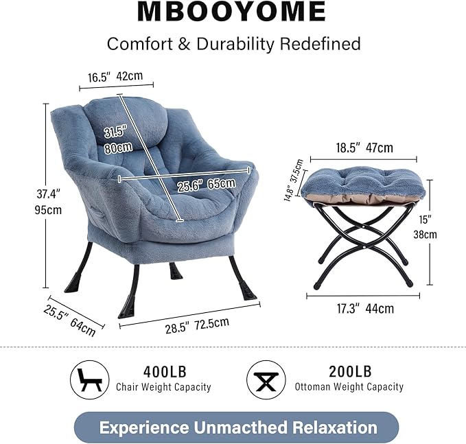 Lazy Chair with Folding Ottoman Modern Accent Armchair with Armrests and a Side Pocket &amp Foldable Footstool Reading Chair for Living Room Bedroom &amp Dorm Plush Light Blue