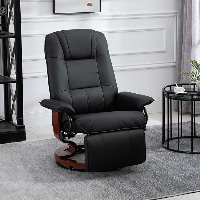 Faux Leather Manual Recliner Adjustable Swivel Lounge Chair with Footrest Armrest and Wrapped Wood Base for Living Room Black